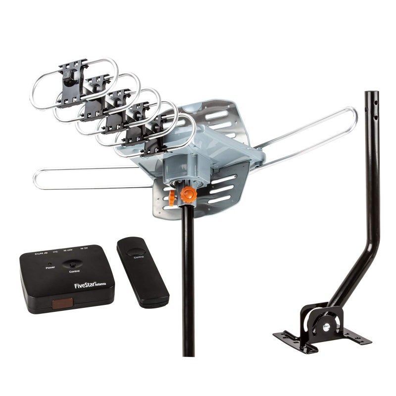 Five Star Outdoor HD TV Antenna Strongest Up to 150 Miles Long Range with Motorized 360 Degree Rotation, UHF/VHF/FM Radio Infrared Remote Control with Mounting Pole & 40FT RG6 Coax Cable Support 2 TVs - Image 1